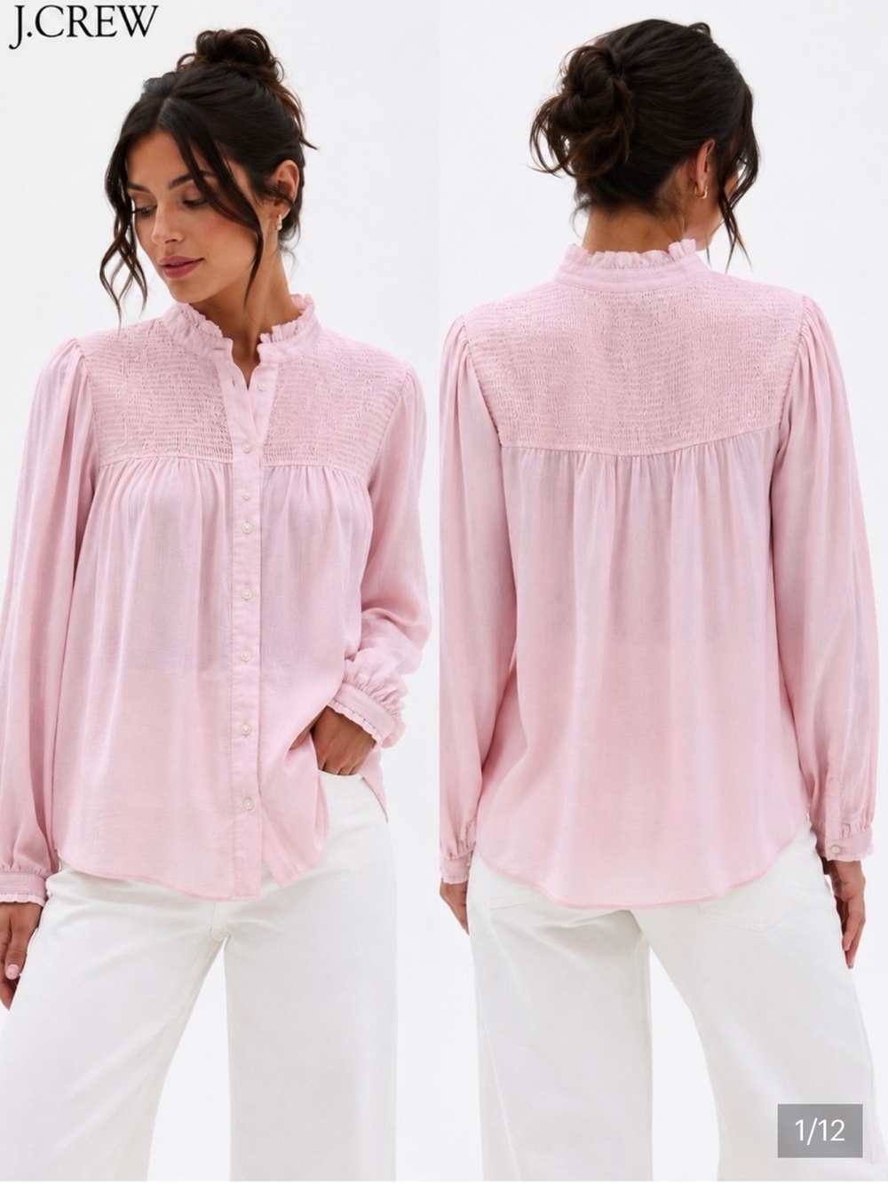 J. Crew Garden Top Pink Smocked with ruffle Neck